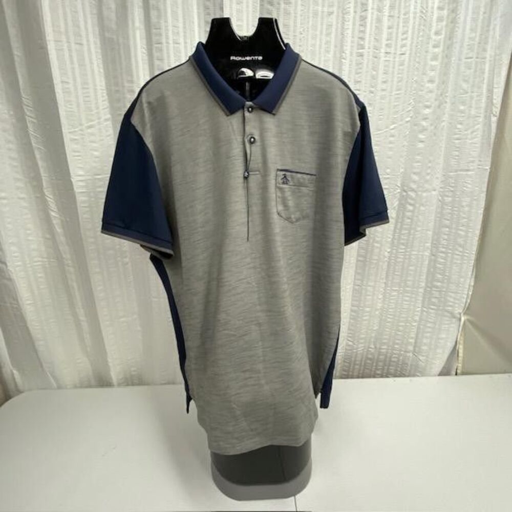 Original Penguin Polo Mens XXL Pima Cotton Colorblock Pocket Gray Navy Stretch